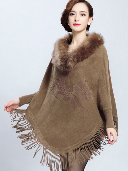 

Faux Fox Fur Jacquard Fringed Knitted Cape Coat, Purple;black;red;light brown