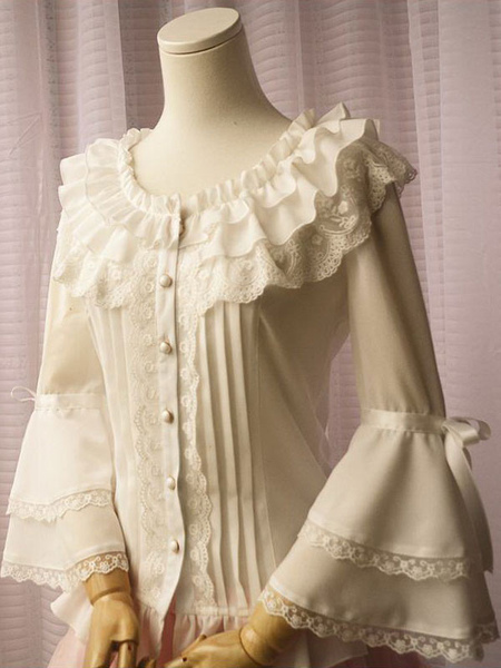 Image of Bianco in Chiffon Lolita camicetta Hime lunghe maniche pizzo volant collo tondo