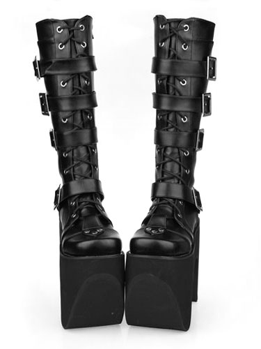 Image of Suola spessa nera fibbia Leather rotonda Toe Lolita Boots