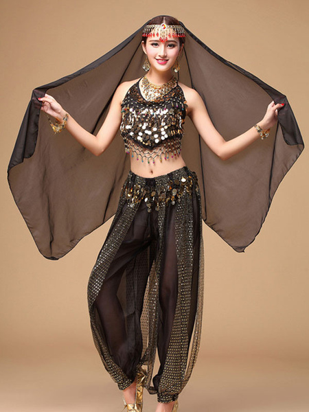 Image of Carnevale Costume da Danza del Ventre 2024 Abito da Ballo in Bollywood Nero da Donna in Chiffon in 3 Pezzi Halloween