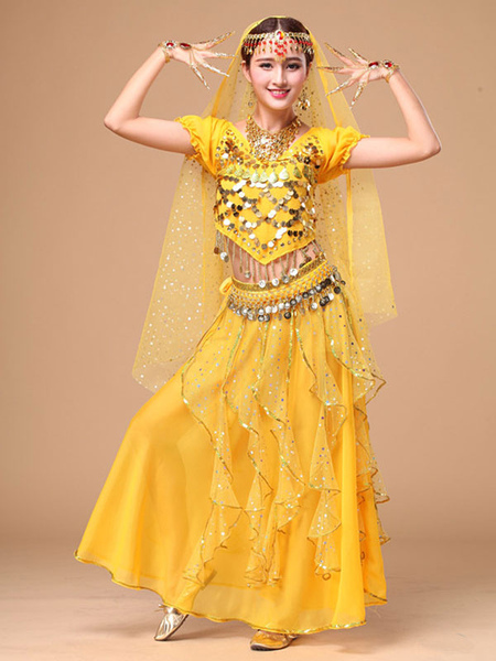 Image of Carnevale Costume di danza del ventre Abito da ballo in Bollywood con scintilla in chiffon giallo per donna Halloween