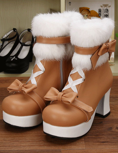 Light Tan PU Lolita Heel Boots for Girls, Camel