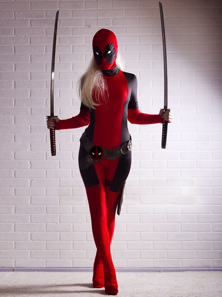 

Halloween Deadpool Costume Cosplay Spandex Suit Lycra Zentai Suit Super Heroine Full Bodysuit, Red