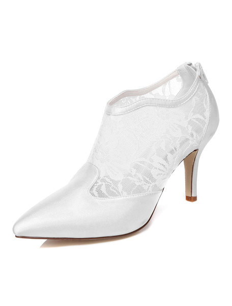 

White Lace Pointy Toe Bridal Pumps for Women