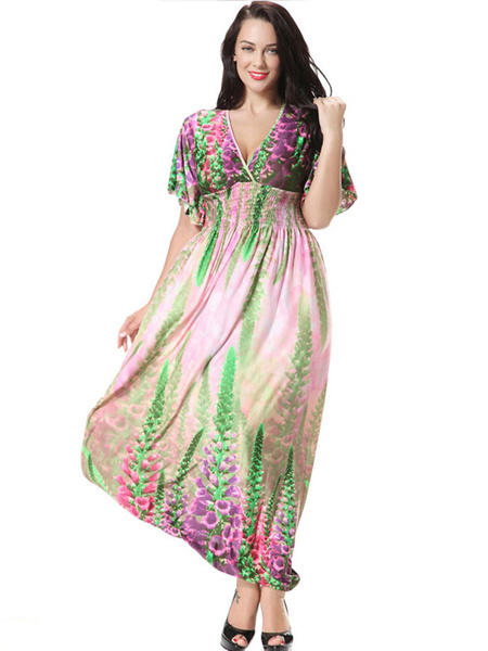 

Multicolor Print Deep-V Milk Silk Maxi Dress for Women, Grass green
