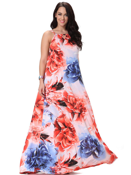 

Multicolor Print Straps Milk Silk Maxi Dress for Women, Orange