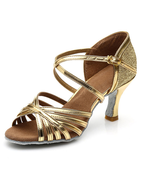 

Gold Latin Dance Sandals Cut Out Straps PU Heels, Blond;silver