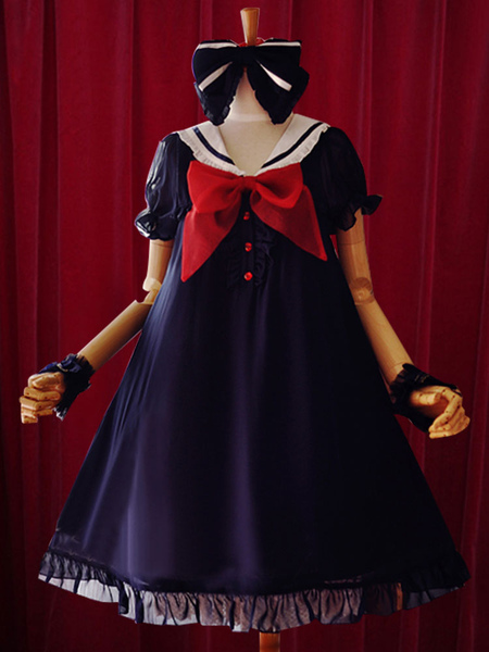 Image of Blu marino Lolita Dress Bow Dress in Chiffon a-line per le donne
