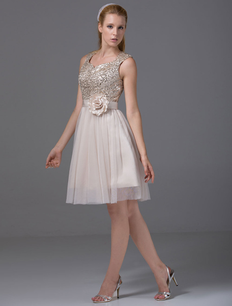 

Short Homecoming Dress Sweatheart Sequined Tulle Pleated A-Line Knee-Length Cocktail Dress With Sash, Champagne