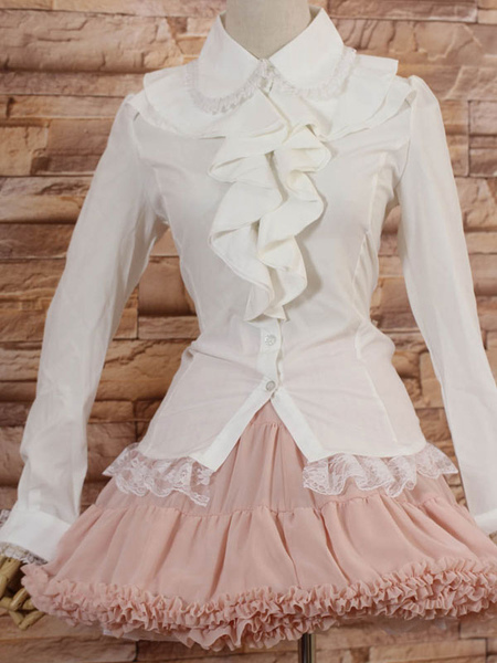 Image of Bianco maniche lunghe camicetta Lolita con risvolto e volant