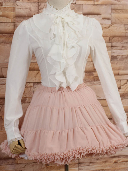 Image of Collo alto bianco Lolita camicetta maniche lunghe con volant