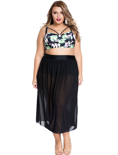 

Plus Size Boho Tropical High Waist Bikini with Skirt