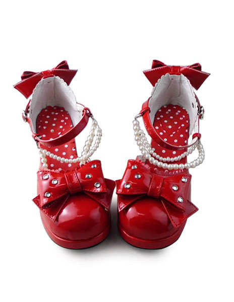 Image of Sweet Lolita Heels Scarpe con tacco Tacchi quadrati con fiocchi e perle