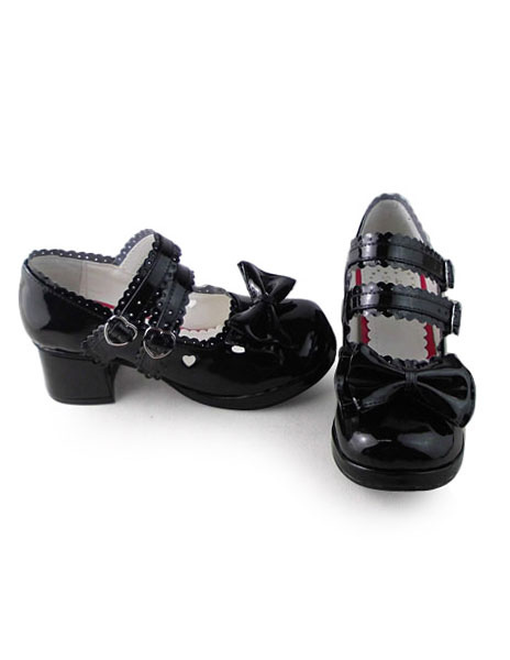 Image of Lucido nero Lolita scarpe quadrato tacchi con dolce fiocchi