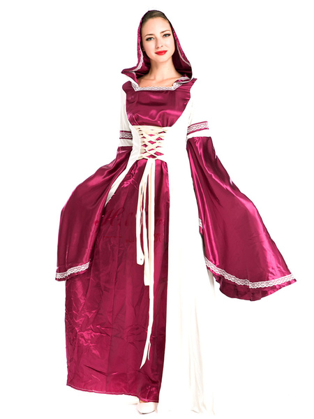 

Milanoo Halloween Renaissance Dress Polyester Medival Burgundy front Lace Up Costume Cosplay