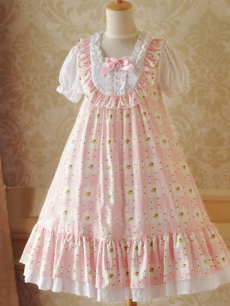 Dolce rosa di cotone Lolita vestito di un pezzo maniche falso due pezzi Baby Doll fragola stampa fio