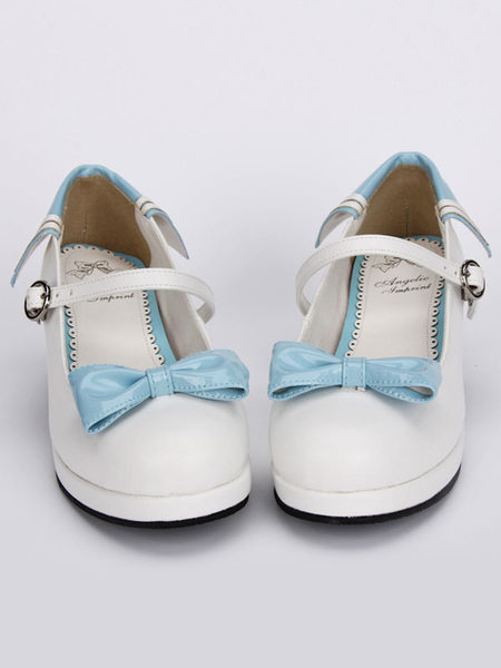 Image of Bianco Lolita Chunky tacchi scarpe blu Bows tondo cinturino alla caviglia con fibbia