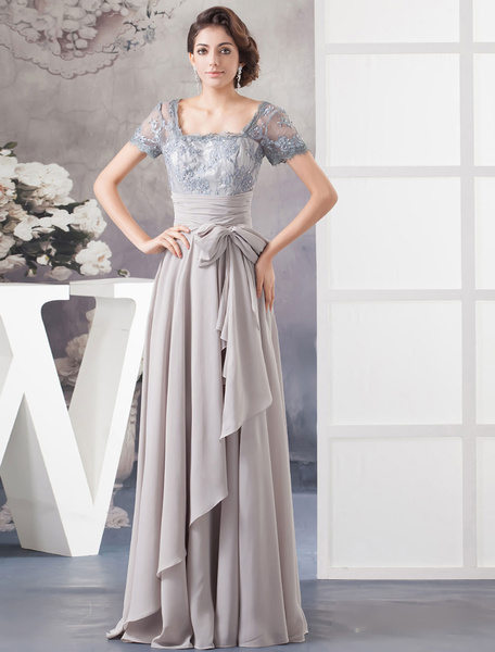 

Lace Beading Mother Of The Bride Dress Pleated Chiffon A-Line Floor-Length Illusion Neck Evening Dre, Silver