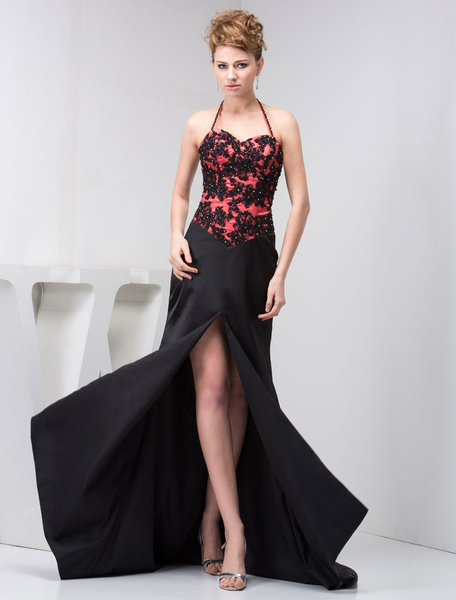 

Slit Evening Dress Lace Applique Beading Front Split Chaple Train Halter Satin Prom Dress Milanoo, Black