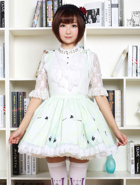 Image of Sweet Lolita Dress In verde chiaro stampato gonna bretella Qi Lolita con pizzo bianco