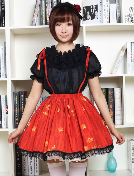 

Red Lolita Dress Sweet Sakura Printed Lolita Suspender Skirt With Black Lace Trim