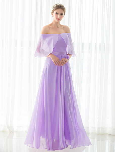 

Lilac Bridesmaid Dress Maxi Chiffon Bateau Lace-up Floor-length Satin Sash Backless Wedding Party Dr