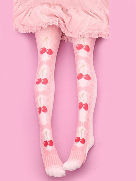 Image of Dolce Lolita calze velluto stampato fiocco rosa ciliegia calzini Lolita