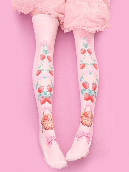 Image of Calze Lolita Sweet Strawberry Calze Lolita stampate in velluto rosa con stampa floreale