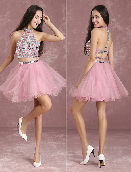 

Two Piece Homecoming Dresses Cameo Pink Prom Dresses Crop Top Tutu Tulle Illusion Beading High Colla