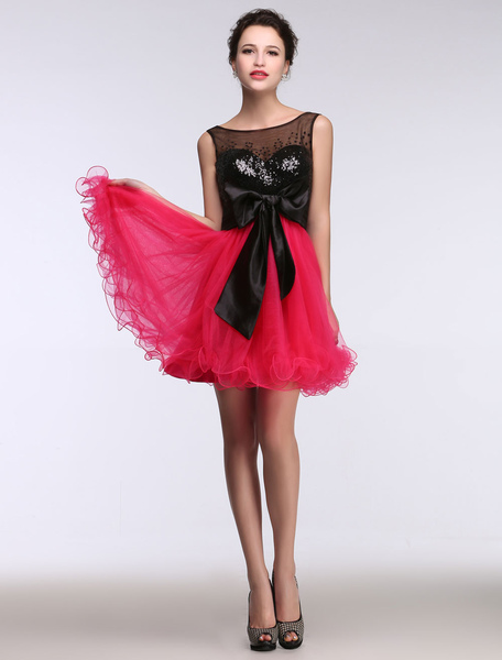 

Short Homecoming Dresses Rose Sequin Tulle Cocktail Dresses Beading Sweetheart Illusion Mini Prom Dr