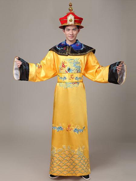Image of Carnevale Costume Cinese in raso giallo set cina cintura&cappello&gown carnevale etnico Halloween