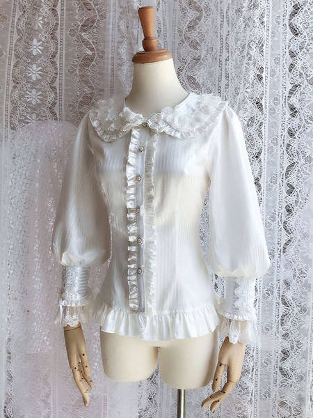 Image of Camicetta Lolita bianca stile di Rococò monocolore pizzo pieghettature maniche lunghe con colletto alla Peter Pan
