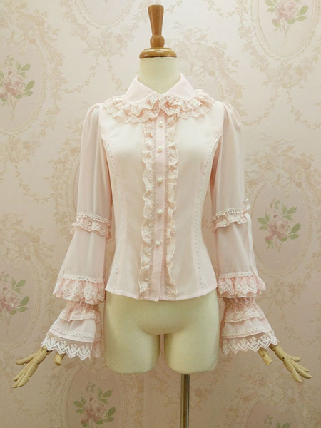 Image of Camicetta Lolita stile di Rococò rosa chiara in chiffon maniche lunghe con colletto pizzo pieghettature monocolore