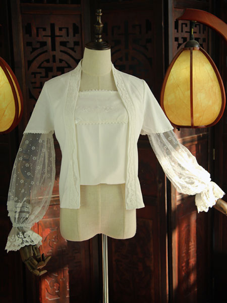 Image of Camicetta Lolita bianca stile cinese monocolore pieghettature fiocchi maniche lunghe