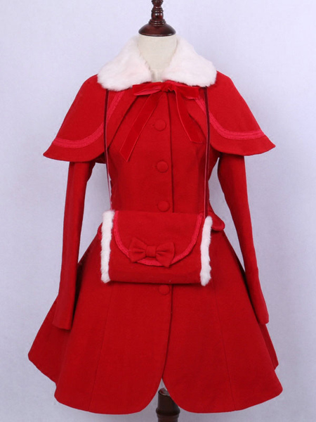 Image of Lolita Cappotto classico & tradizionale rosso in lana mista fiocchi fiocchi con colletto maniche lunghe guanti&mantello&cappotto Tea party