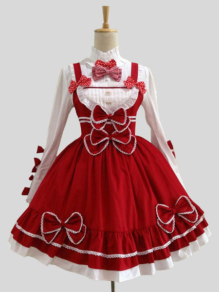 Image of Attrezzatura Lolita dolce rossa Cotone misto maniche lunghe top abito senza maniche