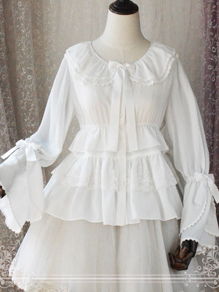 Image of Camicetta Lolita bianca classico & tradizionale monocolore pieghettature fiocchi maniche lunghe con scollo tondo