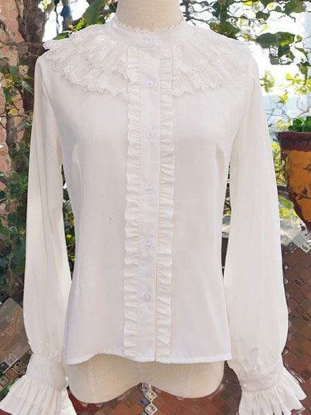 

Milanoo Classic Lolita Blouse Chiffon Ruffles Lace Puff Sleeve Stand Collar White Lolita Top