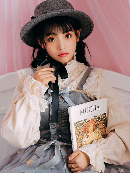 Image of Camicetta Lolita classico & tradizionale cotone misto maniche lunghe con colletto alla coreana fiocchi pieghettature monocolore