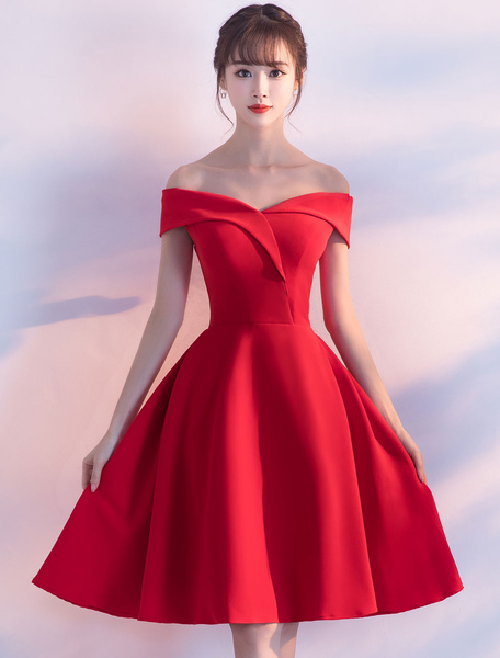 

Milanoo Red Cocktail Dresses Satin Off The Shoulder Short Homecoming Dress A Line Knee Length Party, Ture red