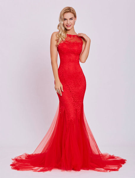 Milanoo Red Prom Dresses 2021 Long Backless Sexy Evening Dress Lace Mermaid Tulle Formal Gown With T, Ture Red  - buy with discount