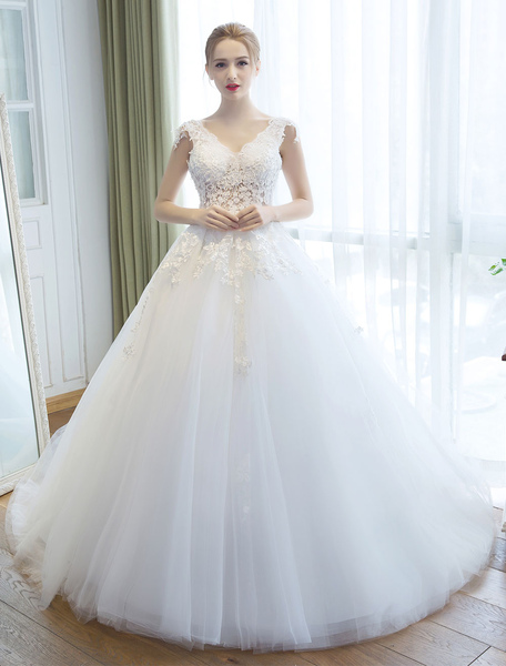 Milanoo Wedding Dresses Princess Ball Gown Ivory Bridal Gown V Neck Illusion Backless Lace Applique  - buy with discount