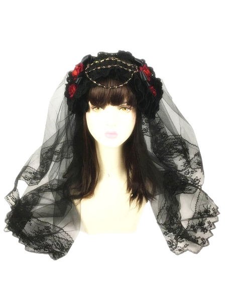

Milanoo Gothic Lolita Veil Metal Detail Flower Lace Trim Tulle Black Lolita Hair Accessory