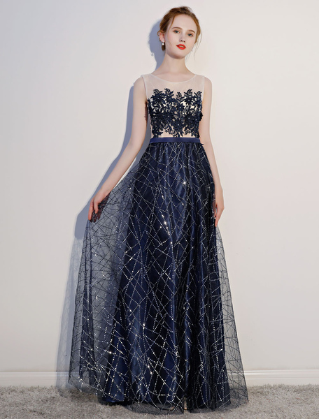 

Milanoo Dark Navy Prom Dresses Lace Sequin Illusion Sleeveless Floor Length Evening Dress, Dark navy;burgundy