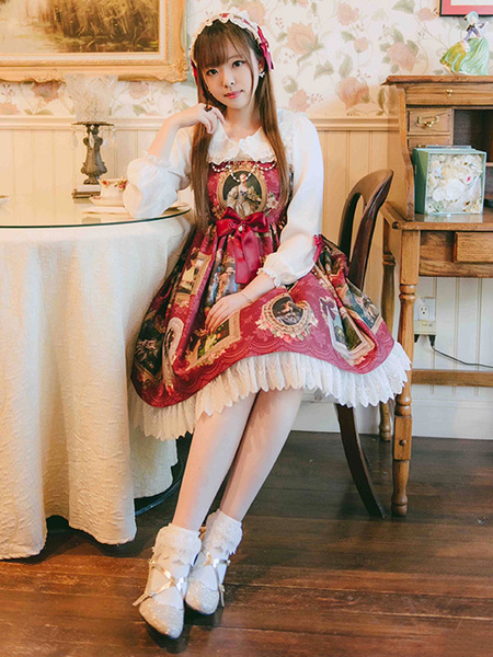 Sweet Lolita JSK Kleid Versailles Mädchen Print Rüschen Schleife Chiffon Schwarz Lolita Jumper Skirt