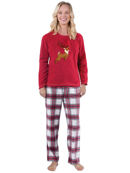 

Milanoo Women's Family Pajamas Christmas Mother Red Plaid Reindeer Top And Pants 2 Piece Set, Ture red