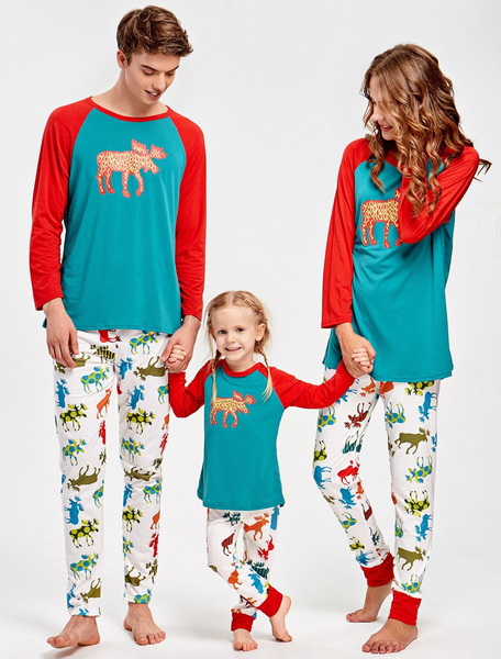 

Milanoo Women's Christmas Family Pajamas Mother Blue Printed Top And Pants 2 Piece Set