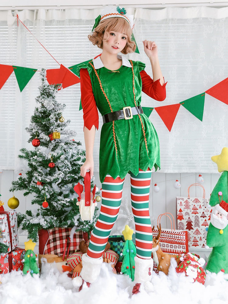 Image of Carnevale Costume da albero di Natale da donna verde vestito da collant sash hat set da 4 pezzi Costume Halloween