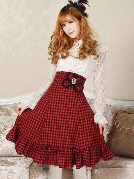 

Milanoo Classic Lolita SK Bow Ruffle Plaid Red Lolita Skirt