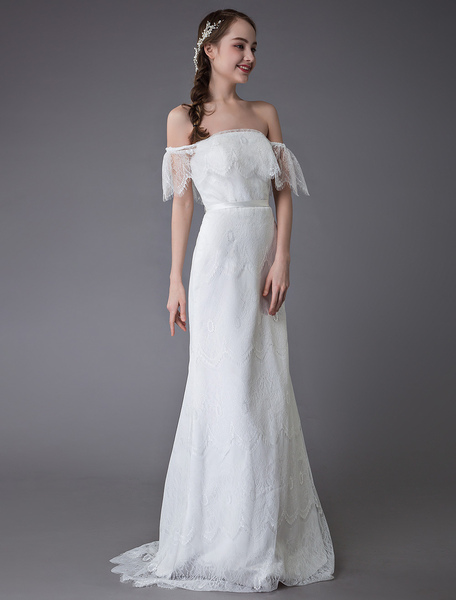 

Milanoo Lace Wedding Dresses Boho Off Shoulder Bridal Dress Summer Beach Wedding Gowns, Ivory